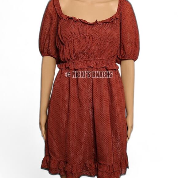 By The River Rust Polka Dot Mini Dress Puff Sleeve Ruffle Fit Flare Fall Size S - Picture 4 of 13